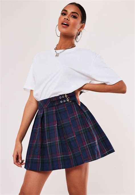 Blue Plaid Pleated Buckle Mini Skirt Sponsored Pleated Affiliate Plaid Blue In 2020