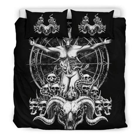 Satanic Skull Demon Goat Woman With Serpents Black And White Etsy