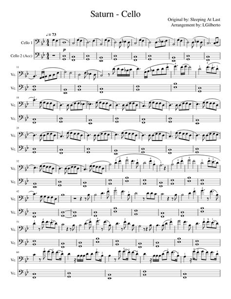 saturn sleeping at last cello with acc sheet music for cello string duet