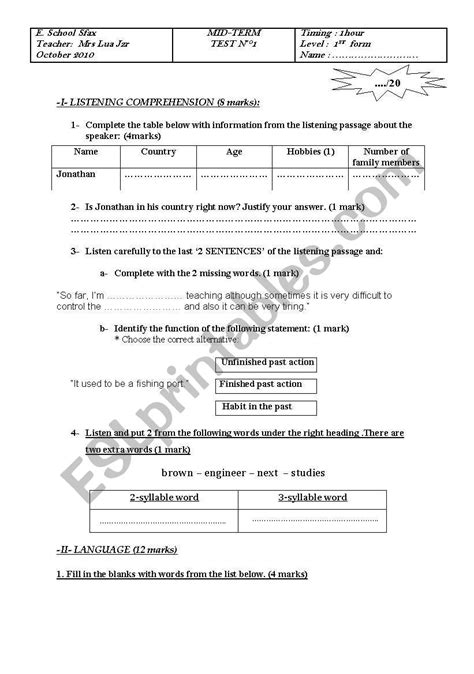 Mid Term Test N°°11st Form Esl Worksheet By Lua Jzr