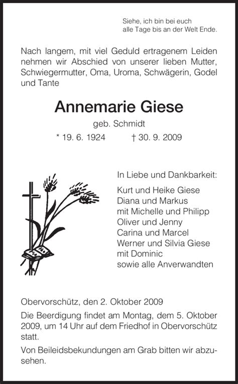 Traueranzeigen Von Annemarie Giese Trauerhnade