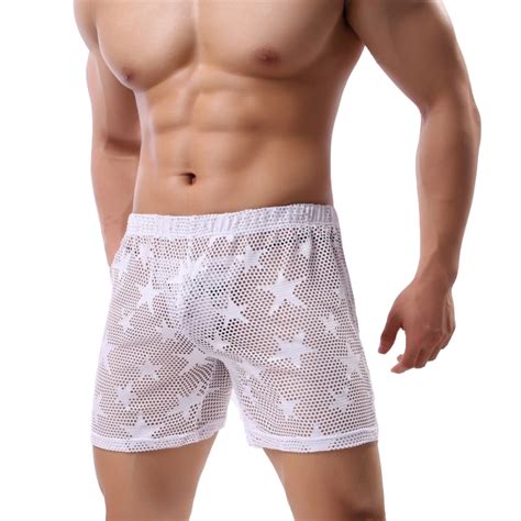 Pijama Hombre See Through Sexy Star Mesh Breathable Men S Pajamas Sleepwear Home Pajama Shorts