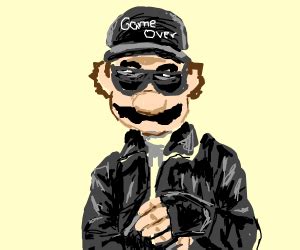Googled gangsta beard meme. not disappointed! Mario with beard and gun - Drawception