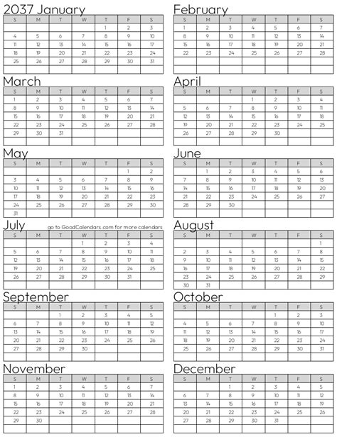 Full Year 2037 Calendar Template In Portrait