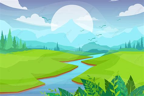 Nature Scene With River And Hills Vector Illustration Background Tree