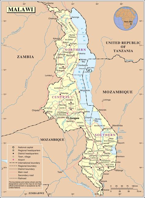 Large Detailed Physical Map Of Malawi With Roads And