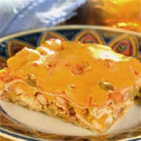This chicken enchilada casserole is made with an avocado cream sauce for an easy creamy chicken enchilada casserole that the whole family will love! Layered Chicken Enchilada Casserole Recipe - CooksRecipes.com
