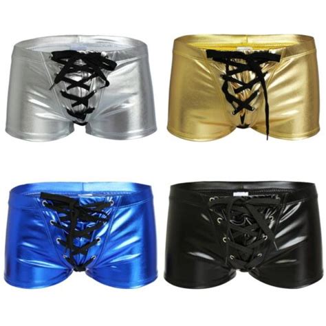 Us Men Patent Leather Boxer Briefs Drawstring Boxers Shorts Swimsuit