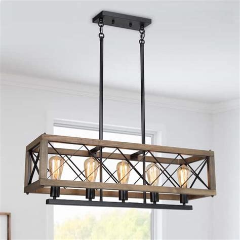 Lnc Wood Chandelier 5 Light Farmhouse Black Linear Rectangular