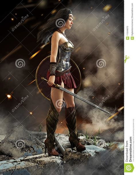 Female Warrior Looking On After A Battle With Sword And