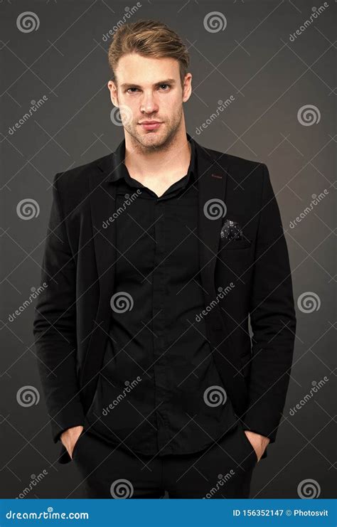 Black Fashion Trend Man Elegant Manager Wear Black Formal Outfit On Dark Background Stock Image