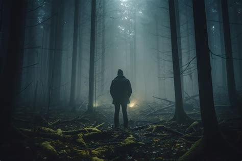 Premium Ai Image A Person Standing In A Dark Forest With A Light