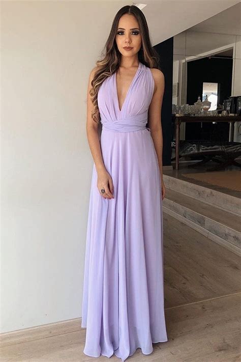 A Line V Neck Floor Length Lilac Chiffon Long Prom Dress Lilac