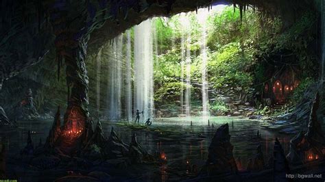 Animated Cave With Waterfall Wallpaper Background