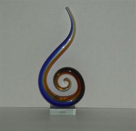 Murano Art Glass Abstract Blue And Amber Swirl Sculpture Swirl