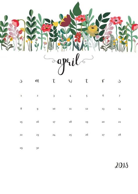 April 2018 Calendar Floral Designs Flower Calendar Cute Calendar