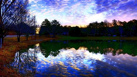 Dawn Reflection By Lake Clouds House Reflection Road Sky Trees Hd