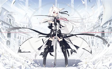 Wallpaper Id 116570 White Background Animal Ears Sword Thigh