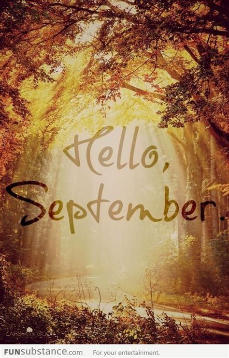 The Words Hello September Are In Front Of An Image Of Trees