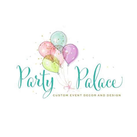The Party Palace Logo With Balloons And Confetti On It S Bottom Corner