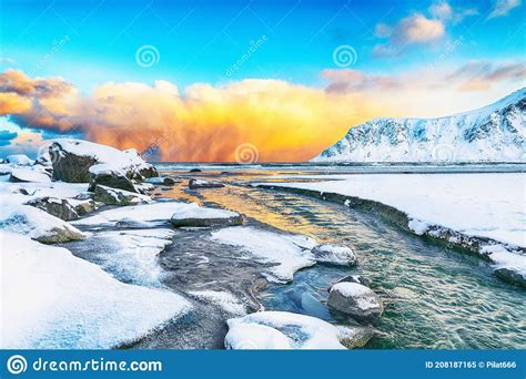 Fabulous Winter Scenery On Skagsanden Beach With Illuminated Clouds