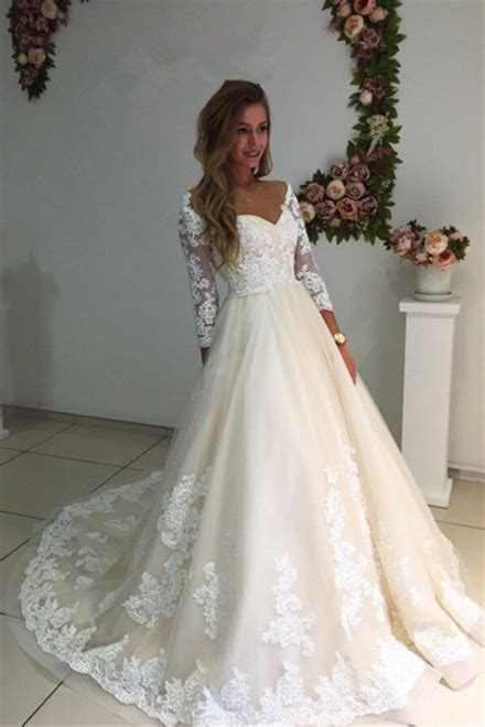 Open back lace wedding dresses with sleeves. 3/4 Sleeves Bridal Gowns 2018 A-Line Champagne Appliques ...