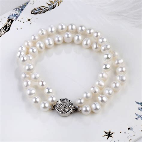 White Freshwater Pearl Double Strand Bracelet For Women Silver