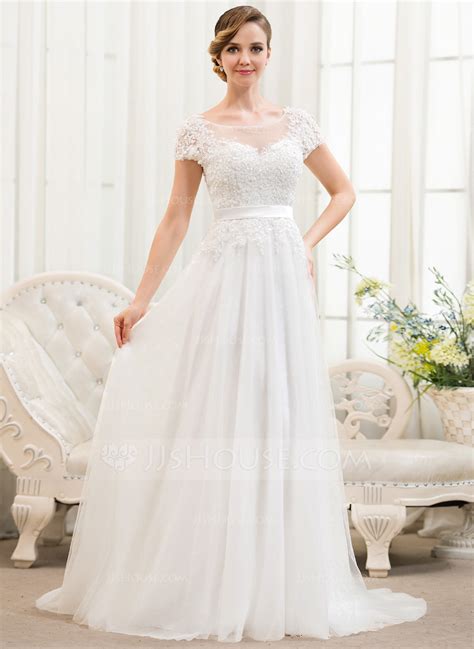 A Lineprincess Scoop Neck Sweep Train Tulle Lace Wedding Dress With