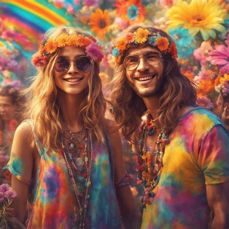 Hippies In The 60s Fashion Festivals Flower Power Hyperrealistic