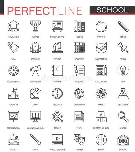 School Education Thin Torn Line Web Icons Set Outline Dashed Stroke
