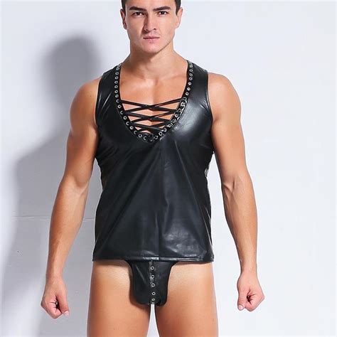 2021 Sexy Men Faux Leather T Shirts Male Fashion Undershirts Sets Men