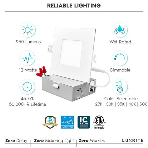 Luxrite 4 Inch Ultra Thin Square Led Recessed Light 5 Cct Dimmable 4
