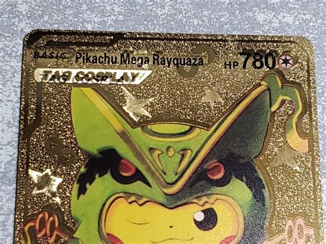 Rare Pikachu Mega Rayquaza Tag Cosplay Gold Foil Pokemon Card Fan Art Ebay