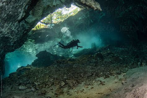 A Scuba Diver Swimming In Mexicos Cenote Gran Del Colaborador De Stocksy Song Heming Stocksy