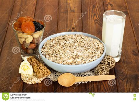 Healthy Diet For Adults Oatmeal Milk Nuts Dried Fruits On
