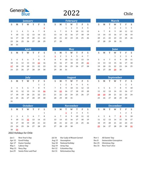 2022 Chile Calendar With Holidays