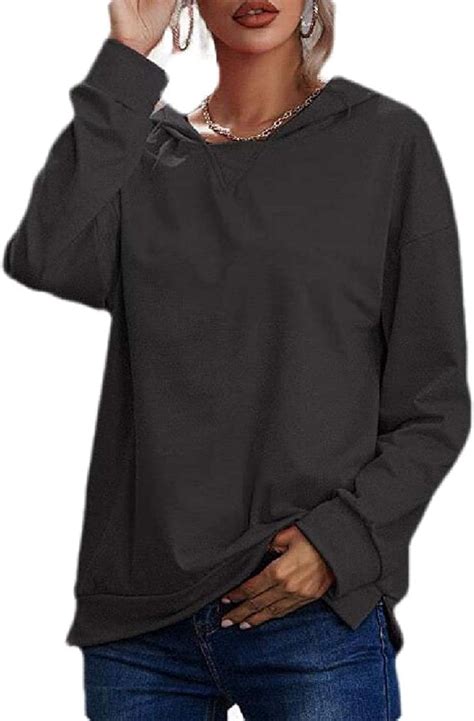 Women Loose Fit Plus Size Pullover Split Solid Hoodie Tops Sweatshirts