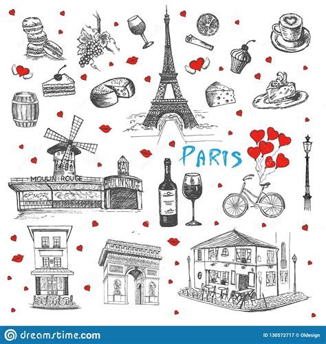 Set Of Hand Drawn French Icons Paris Sketch Illustration Stock