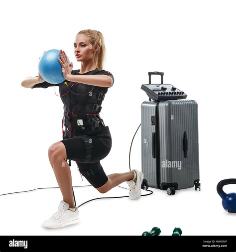 Blonde Ems Fitness Woman In Full Electrical Muscular Stimulation Suit