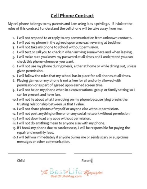 Printable Cell Phone Contract For Tweens Cell Phone Contract Kids