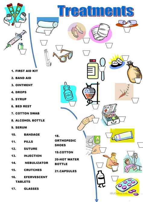 Teaching kids the importance of going to the doctors is essential, and it could start by learning some vocabulary about illnesses. Treatments MATCH worksheet - Free ESL printable worksheets ...