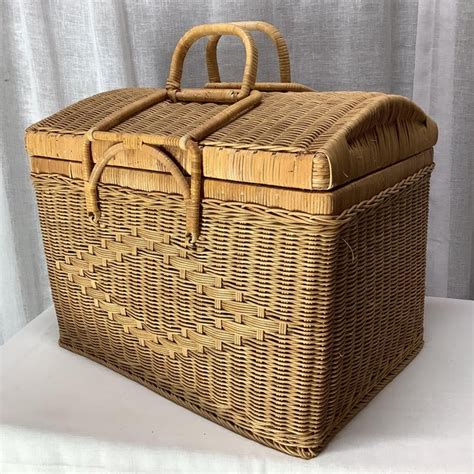 1970s Extra Large Wicker Suitcase Style Storage Basket With Hinged Lid
