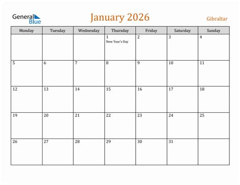 January 2026 Gibraltar Monthly Calendar With Holidays
