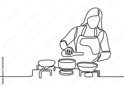 Continuous One Line Drawing Girl Cooking Food Vector Illustration