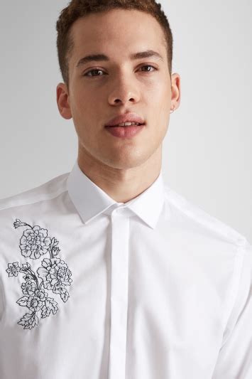 Moss London Extra Slim Fit White Single Cuff Floral Embroidered Shirt