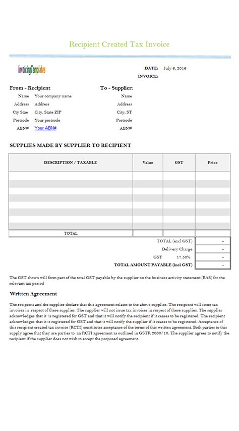 Recipient Created Tax Invoice Template