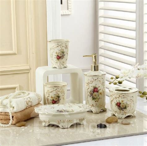 Fancy Romantic Colorful Flowers Print Decorative Ivory Porcelain Bathroom Accessory