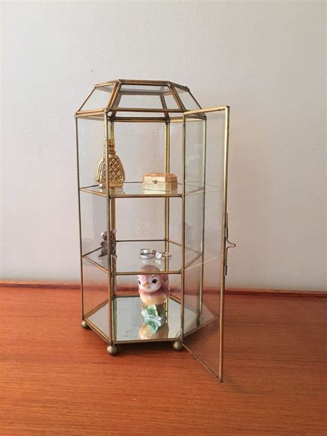 Vintage Brass And Glass Curio Cabinet Figurine Display Case Etsy Glass Curio Cabinets