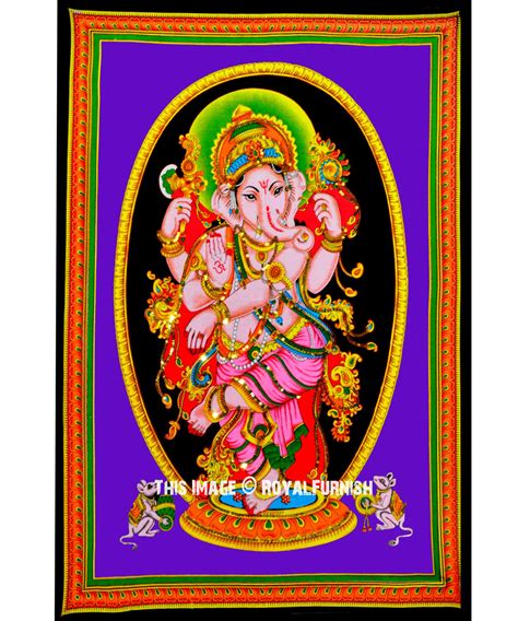 Indian Hindu God Ganesha Sequin Cotton Fabric Cloth Wall Poster