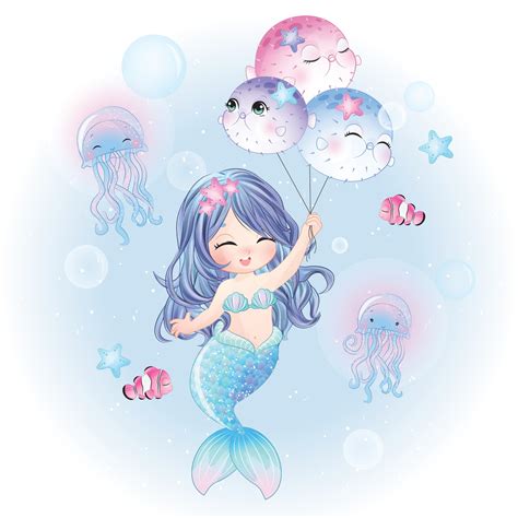 Cute Mermaid With Watercolor Illustration Vector Art At Vecteezy